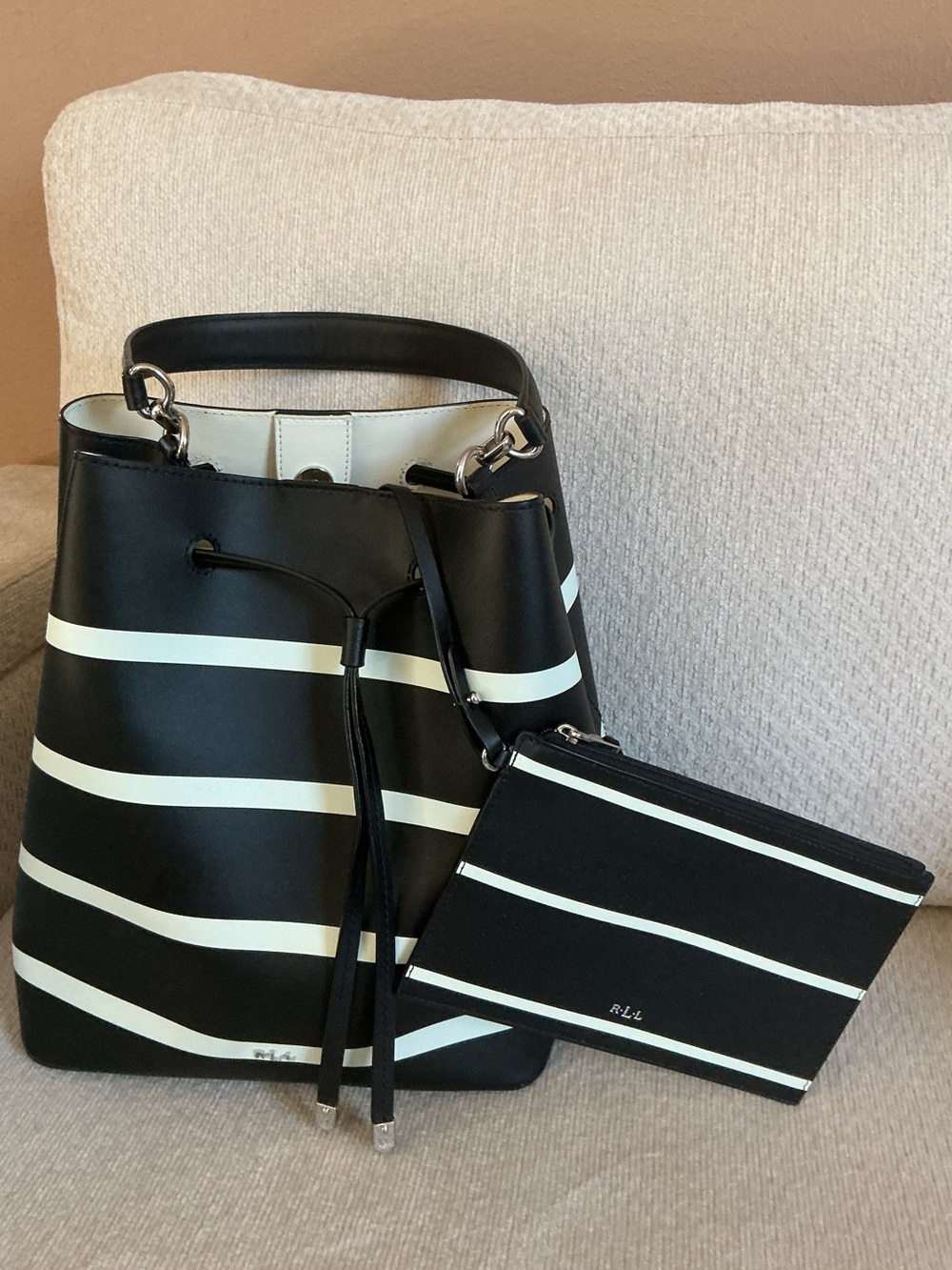 Lauren Ralph Lauren Leather Striped Andie Drawstring Bucket Bag Set